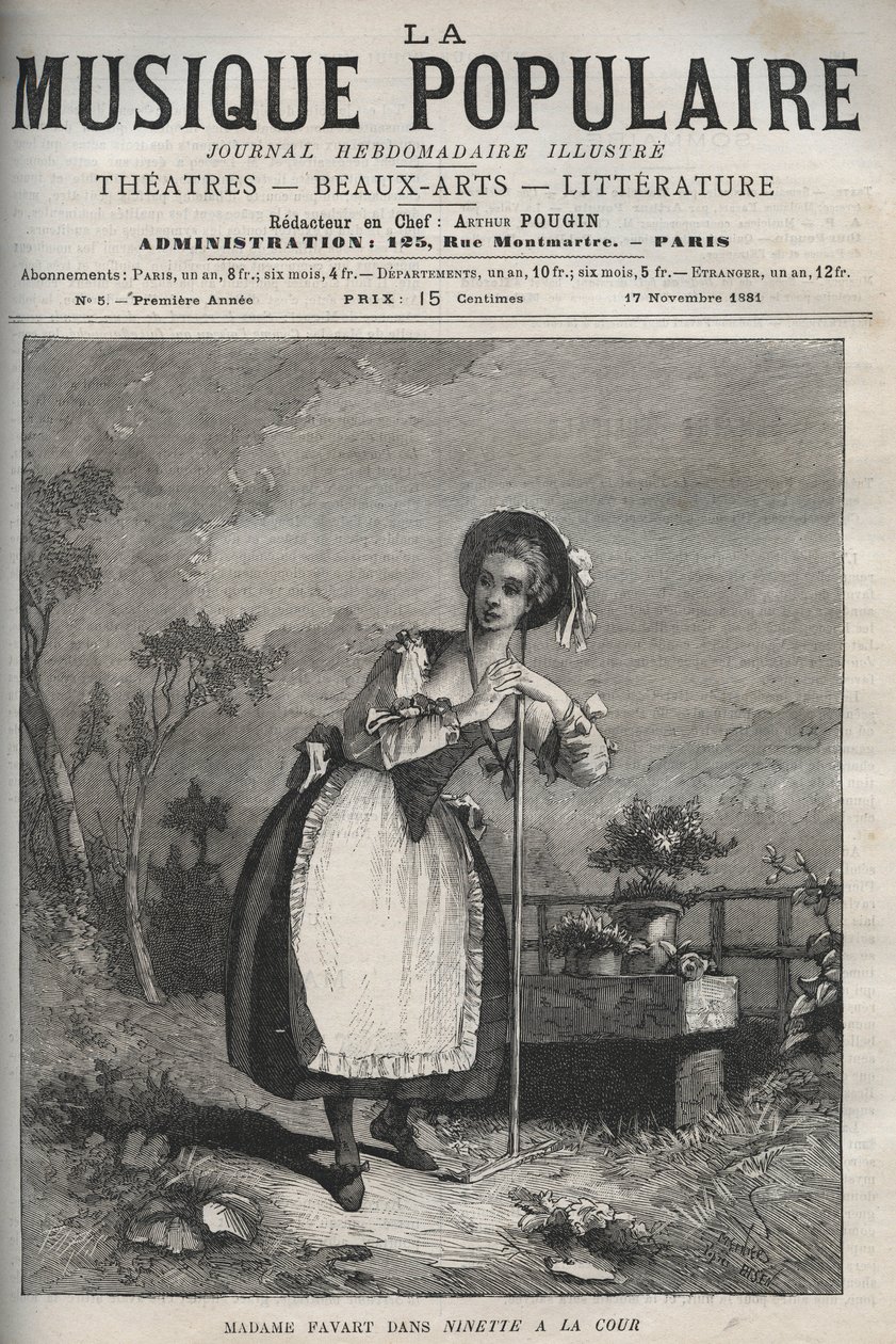 Marie Justine Benoite Duronceray (Madame Favart) i "" Ninette a la cour ou le Caprice amour"" - komedie i tre akter og vers, nærkampe, af Charles Simon (Charles-Simon) Favart - indgravering i "La musique populaire ””” - illustreret ugeavis af Unknown artist
