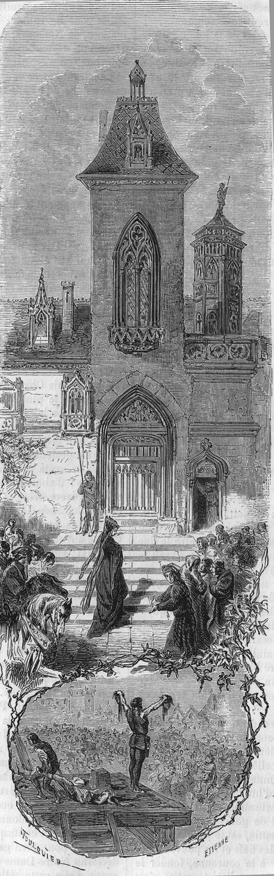 Marie de Burgundy beder om sine ministres nåde. Hugonat og Humbercourts fars død den 3. april 1477. Indgravering af det 19. århundrede. af Unknown artist