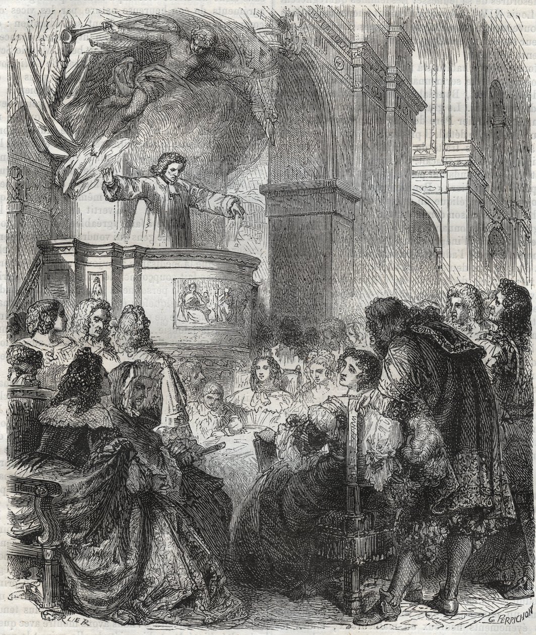 Marie de Rabutin-Chantal (Rabutin Chantal), markisen af Sevigne kendt som Madame de Sevigne (1626-1696), lyt til Louis Bourdaloue (1632-1704) fransk ved jesuiternes kirke, Saint-Louis i Paris - gravering af 1866 af Unknown artist