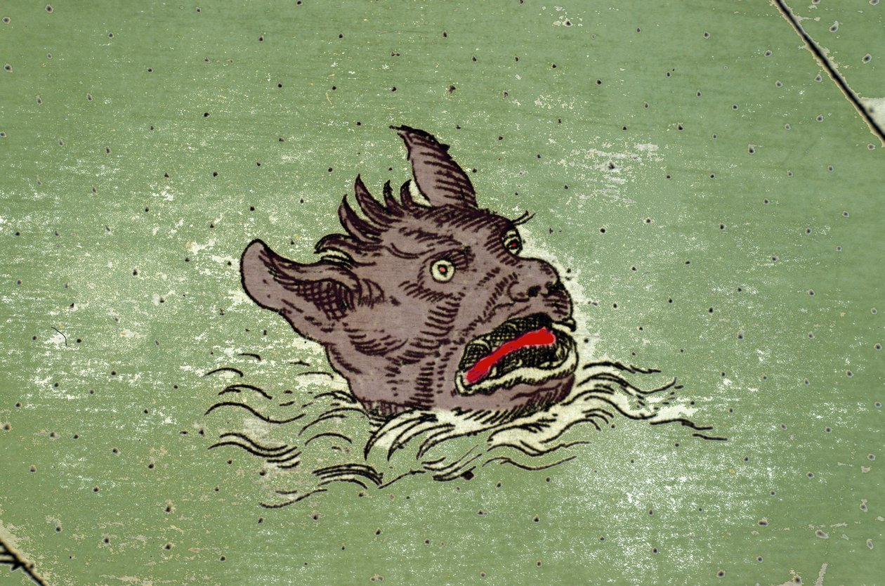 Marinemonster med dæmonens hoved. detalje af et kort over Urbano Montes atlas af Unknown artist