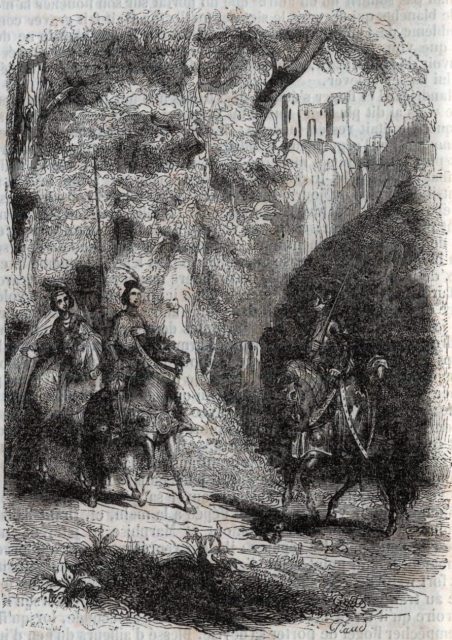 Marphise (Marfisa) and the Old Woman Meet Pinabel (Pinabello) - gravering af 1851 fra "" Furious Roland"" (1500-tallet) af Ludovico Ariosto, kendt som Ariosta - Udgave oversat fra italiensk af greven af ​​Tressan og udgivet af af Unknown artist