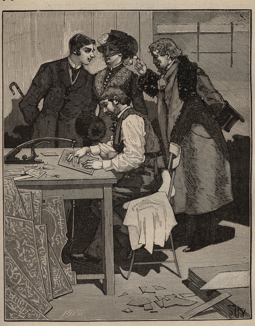 Intarsia: Intarsia har arbejdet. Indgravering fra 1885 i "" Les arts et metiers illustres"" af Adolphe BITARD. af Unknown artist