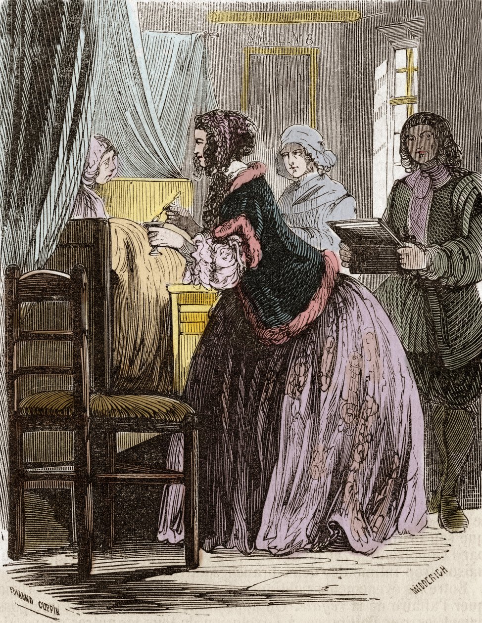 Marquise de Brinvilliers forgifter patienterne på Hotel Dieu i Paris. af Unknown artist