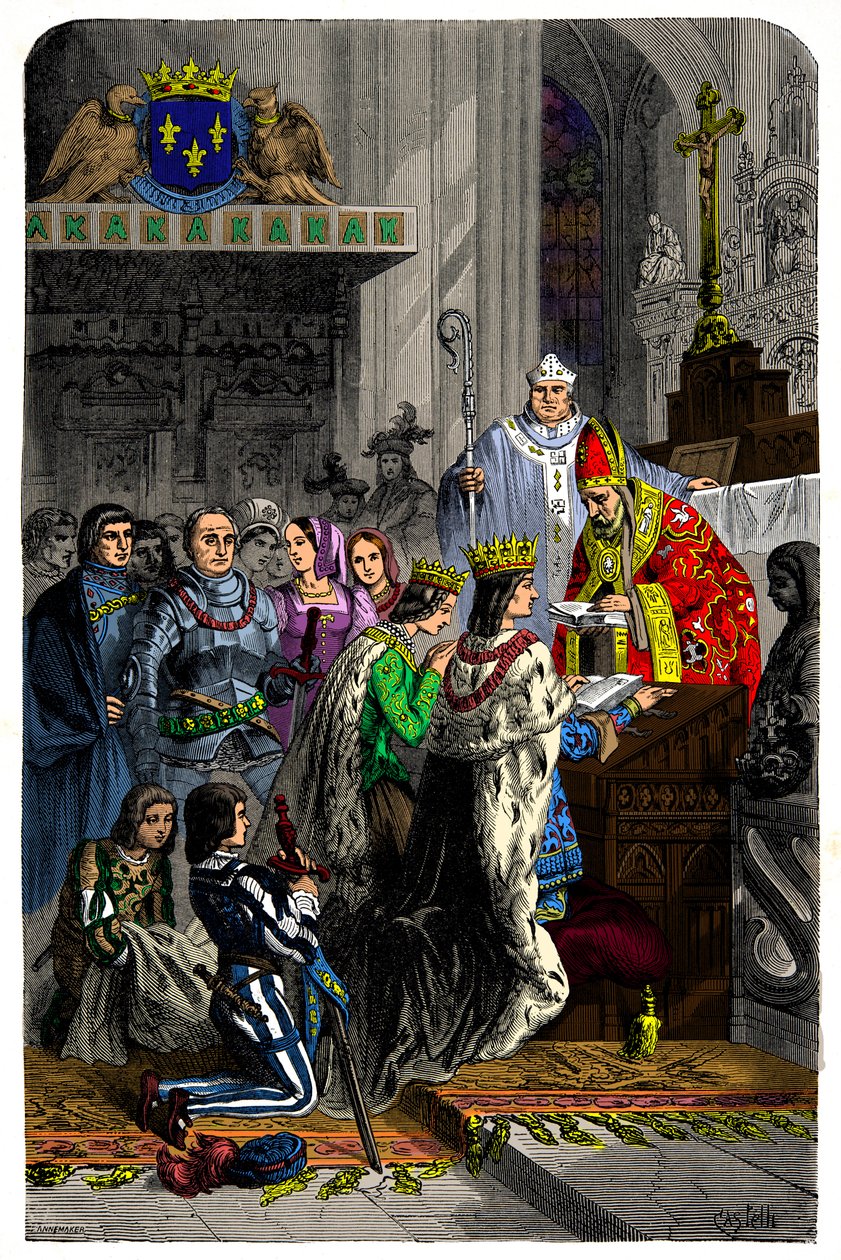 Ægteskab mellem Charles VIII (1470-1498) og Anne af Bretagne (1477-1514) den 13. december 1491 på slottet de langeais, gravering 1800-tallet af Unknown artist