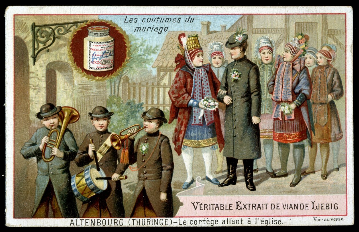 Ægteskabsskik: processionen går til kirken i Altenburg (Thüringen) - chromo. Liebig, v. 1895 af Unknown artist