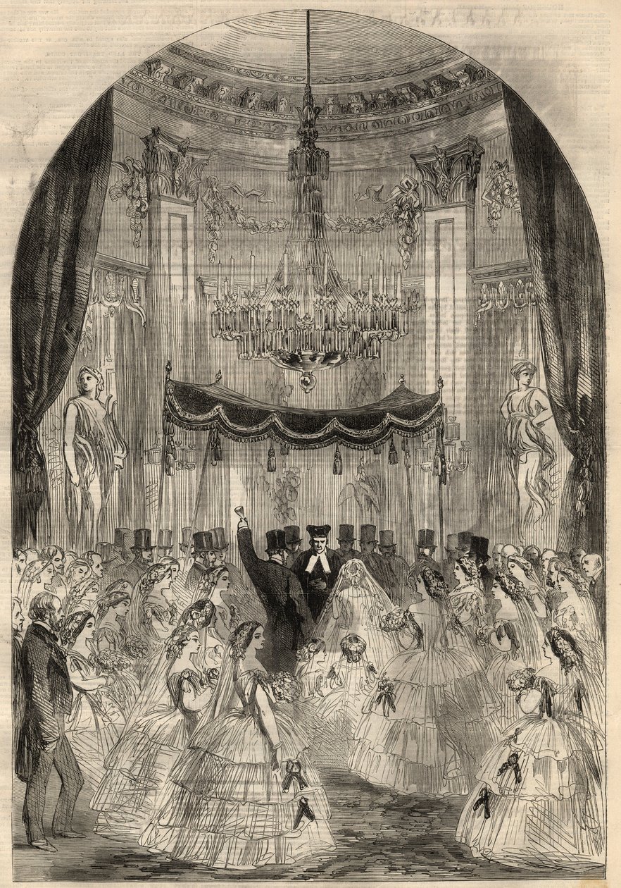 Ægteskab mellem Baron Alphonse de Rothschild (1827-1905) og Leonora de Rotschild (1837-1911). Maria lærte at smide en drink på gulvet, den sidste fase af et jødisk ægteskab kaldet det "knuste glas". Indgravering i "" The Illustrated London News "" fra mart af Unknown artist
