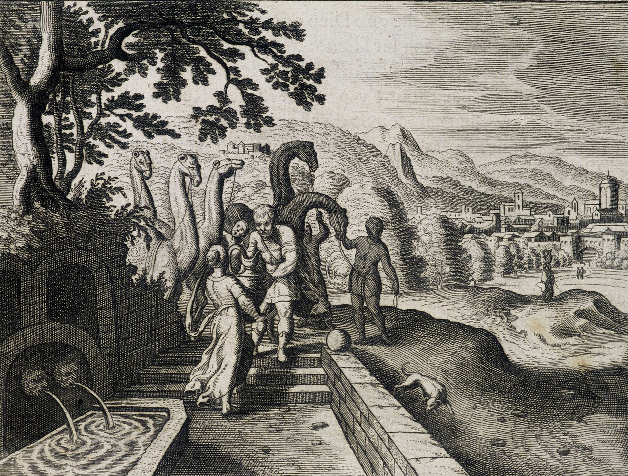 Ægteskab mellem Isaac og Rebecca. Indgravering fra en bibel fra det 17. århundrede. af Unknown artist