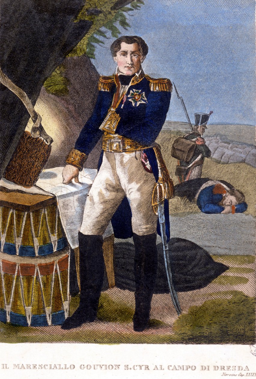 Marskal Laurent Marquis de Gouvion Saint Cyr (1764 til 1830) ved slaget ved Dresden i 1813. gravering 1800-tallet af Unknown artist