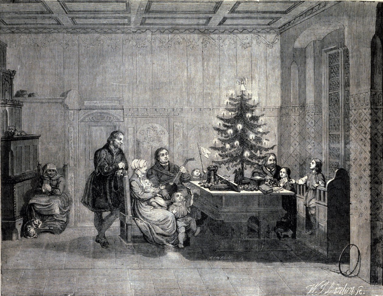 Martin Luther (1483-1546) tysk religiøs reformator fejrer jul med familien. Indgravering af det 19. århundrede af Unknown artist