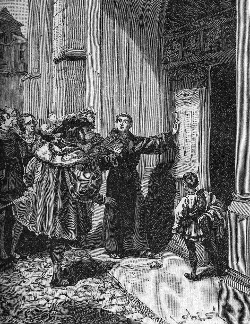 Martin Luther (1483-1546) hænger sine 95 teser i Wittenberg af Unknown artist