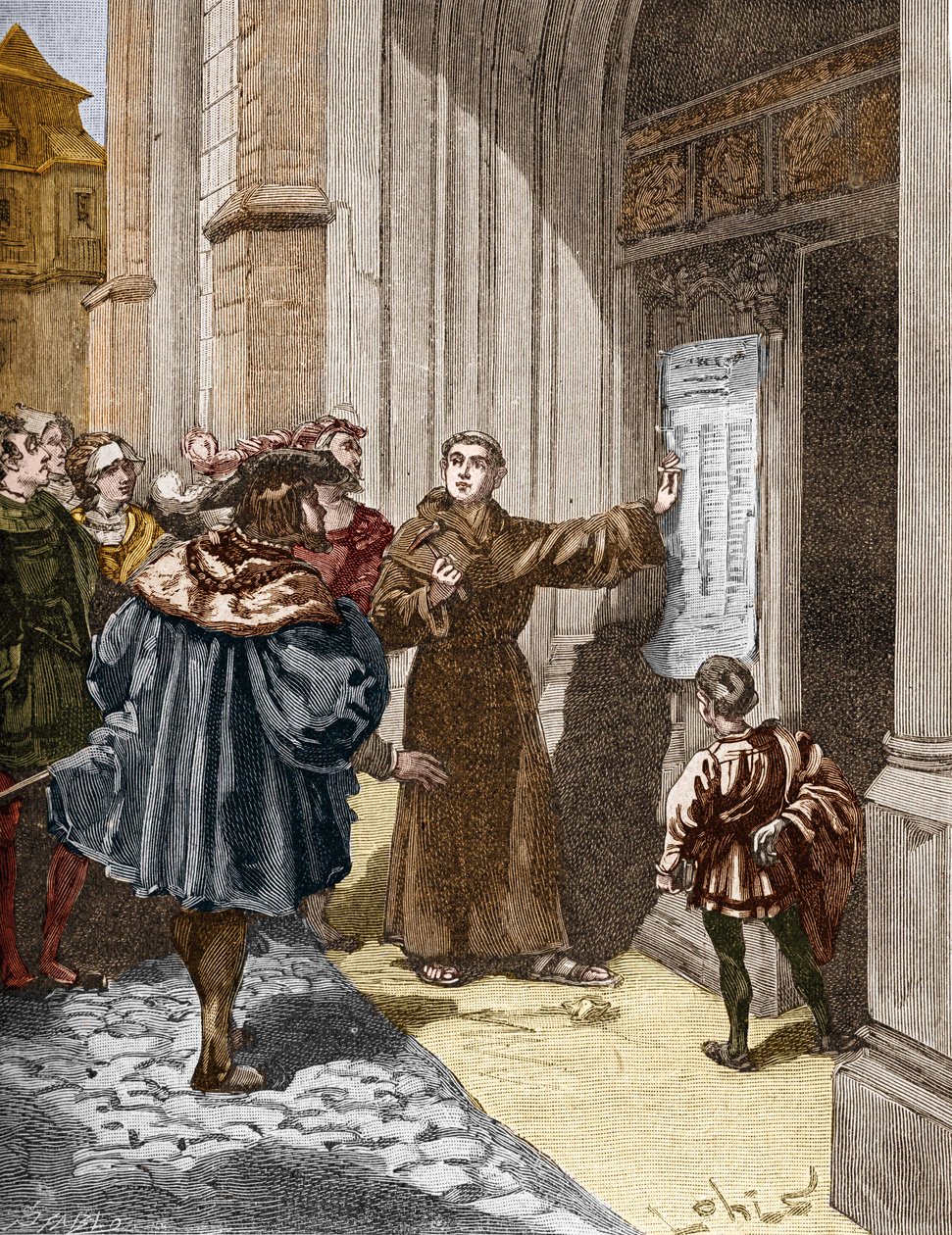 Martin Luther (1483-1546) hænger sine 95 teser i Wittenberg af Unknown artist