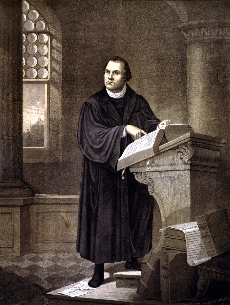 Martin Luther (1483 - 1546) læser i en kirke. af Unknown artist
