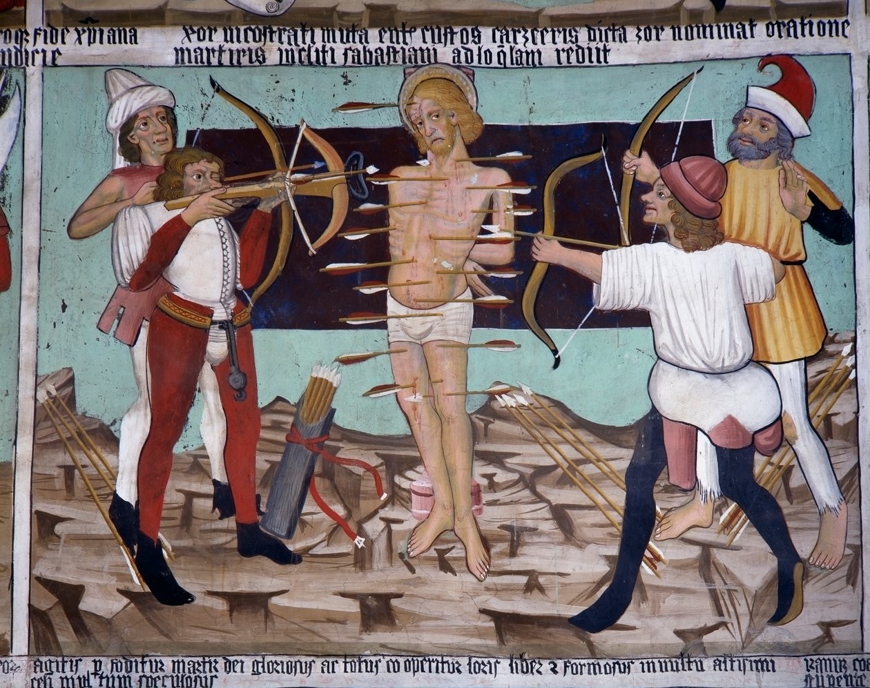 Sankt Sebastians martyrium, Sankt Sebastians liv (1400-tallet), fresker, Sankt Sebastians kapel, Villard-de-Lans, Rhone-Alpes, Frankrig. af Unknown artist