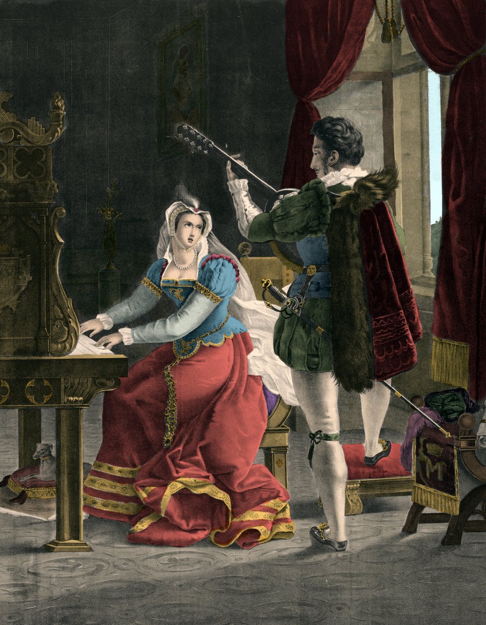 Mary Stuart og David Rizzio - Marie (Mary) Iere Stuart (1542-1587) med David (Davide) Rizzio - gravering fra det 19. århundrede af Unknown artist