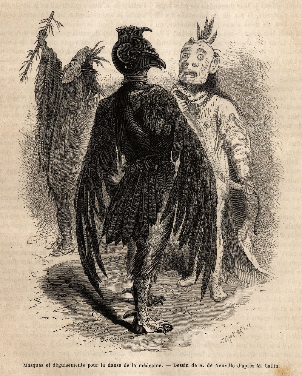 Masker og forklædninger til medicinens dans blandt Naya-indianerne. Gravering til illustration af en udflugt blandt indianerstammerne i bassinerne i Colombia og Upper Missouri, af G. Catlin, i 1855, udgivet i "" le tour du monde"", under ledelse af Unknown artist