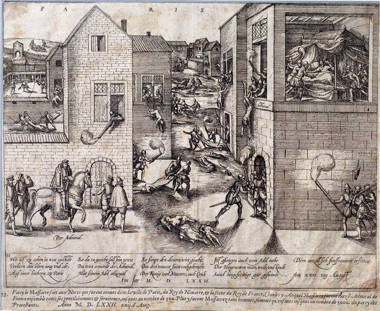 Massakren på Saint Barthelemy (Saint Barthelemy) i Paris natten til den 24. august 1572. Indgravering af det 16. århundrede. Pau, Musee Du Chateau af Unknown artist