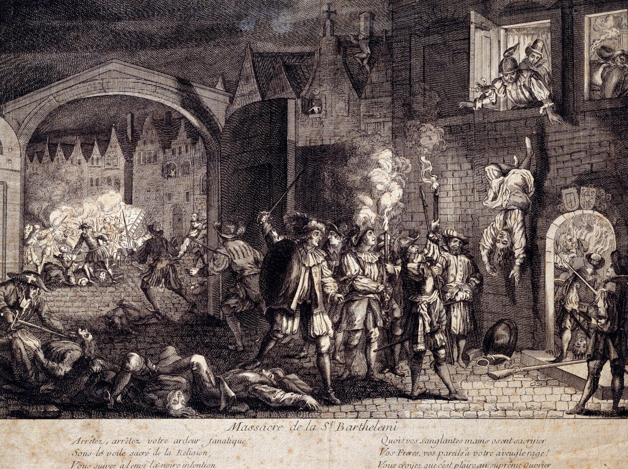 Massakren på Saint Barthelemy (Saint Barthelemy) i Paris natten til den 24. august 1572. Indgravering af det 16. århundrede. Pau, Musee Du Chateau af Unknown artist
