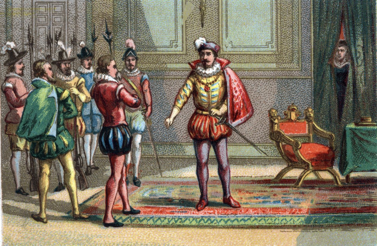 Massakren af Saint Barthelemy, hertugen af Conde og Henrik af Navarra blev bragt til Charles IX, konge af Frankrig (1550-1574), som tilbød dem valget mellem messe og død. Catherine de Medicis (Caterina de Medici) (1519-1589) observerer scenen. Chrom af Unknown artist