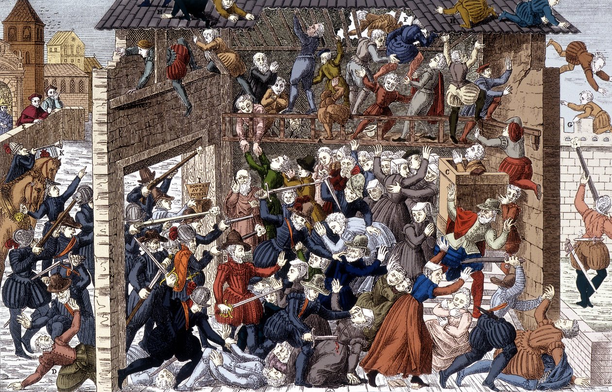 Massakren i Wassy (Vassy) den 1. marts 1562 under Francois I af Lorraine, 2. hertug af Guise (1519 - 1563). af Unknown artist