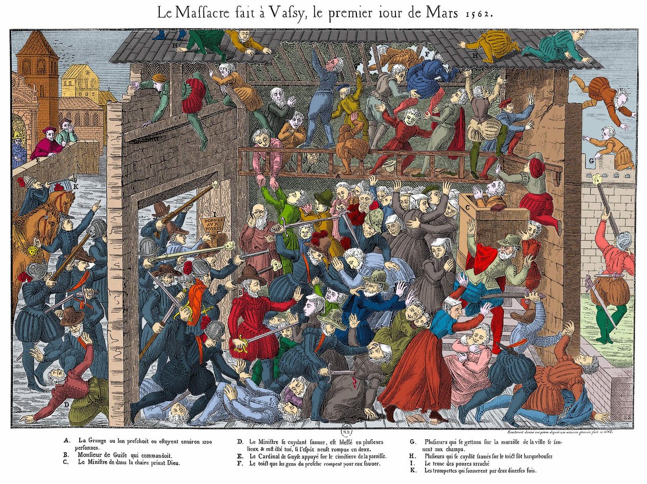 Massakren på den protestantiske befolkning i Wassy (Vassy) den 01/03/1562 af befolkningen i Guise (begyndelsen af de religiøse krige) af Unknown artist