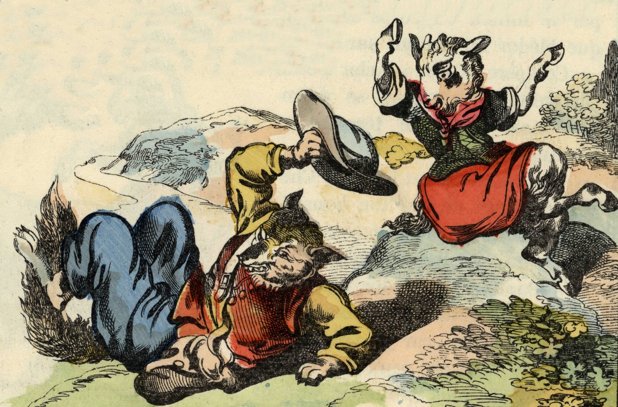 Mesterræv leger med lille ged. Illustration af fortællingen "Bon medor og Lille Chevrette". I “”Fortællinger fra hjemmet for de mindste””. Anonym gravering af det 19. århundrede. af Unknown artist
