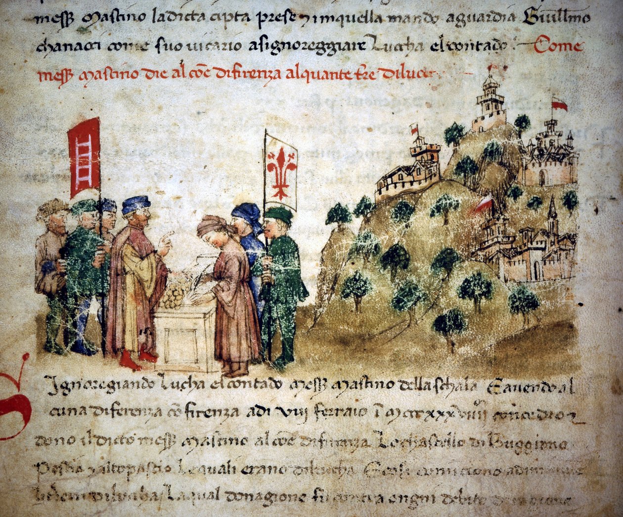 Mastino II de la Scala (1308 - 1351) giver byen Firenze en masse jord fra Lucca, omkring 1300 - i “” Croniche del Sercambi””, omkring 1400. Nationalarkiv, Lucca. af Unknown artist