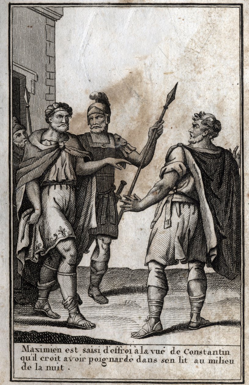 Maximian Hercules (Marcus Aurelius Valerius Maximianus) (ca. 250-310), romersk kejser, bliver grebet af frygt ved synet af Konstantin (Konstantin I, Flauius Valerius Aurelius Constantinus, 272-306), hans svigersøn, som han tror han stak i sin seng jeg af Unknown artist