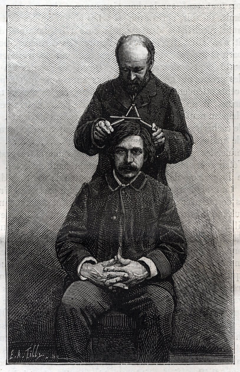 Målinger af hovedets maksimale bredde af politipræfekturet i henhold til metoderne fra Alphonse Bertillon (1853-1914), kendt som "Bertillonnage". Indgravering i ""La Nature"" af Unknown artist