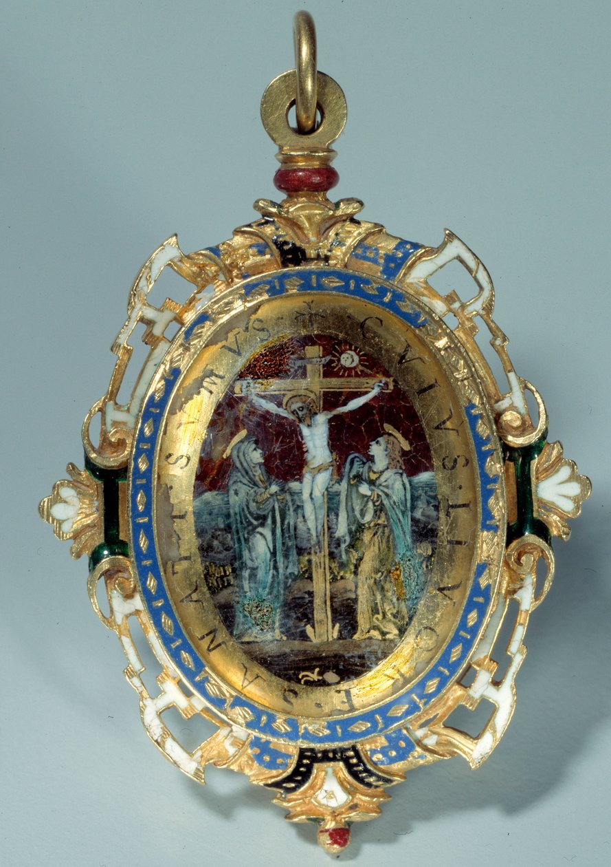 Medaljon i e-mail på rund guldbule dekorerer korsfæstelse og flugt til Egypten. Debut af det 16. århundrede Sun. h. 7 cm. Paris. Louvre-museet af Unknown artist