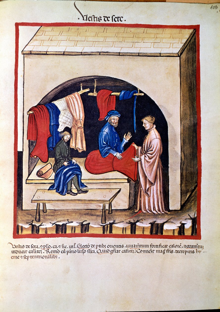 Medicinhandel: "" silketøjshandler"" Side taget fra "" Tacuinum sanitatis"" (Cod. ser. nov. 2644) Omkring 1400 Wien, Østrigs Nationalbibliotek af Unknown artist