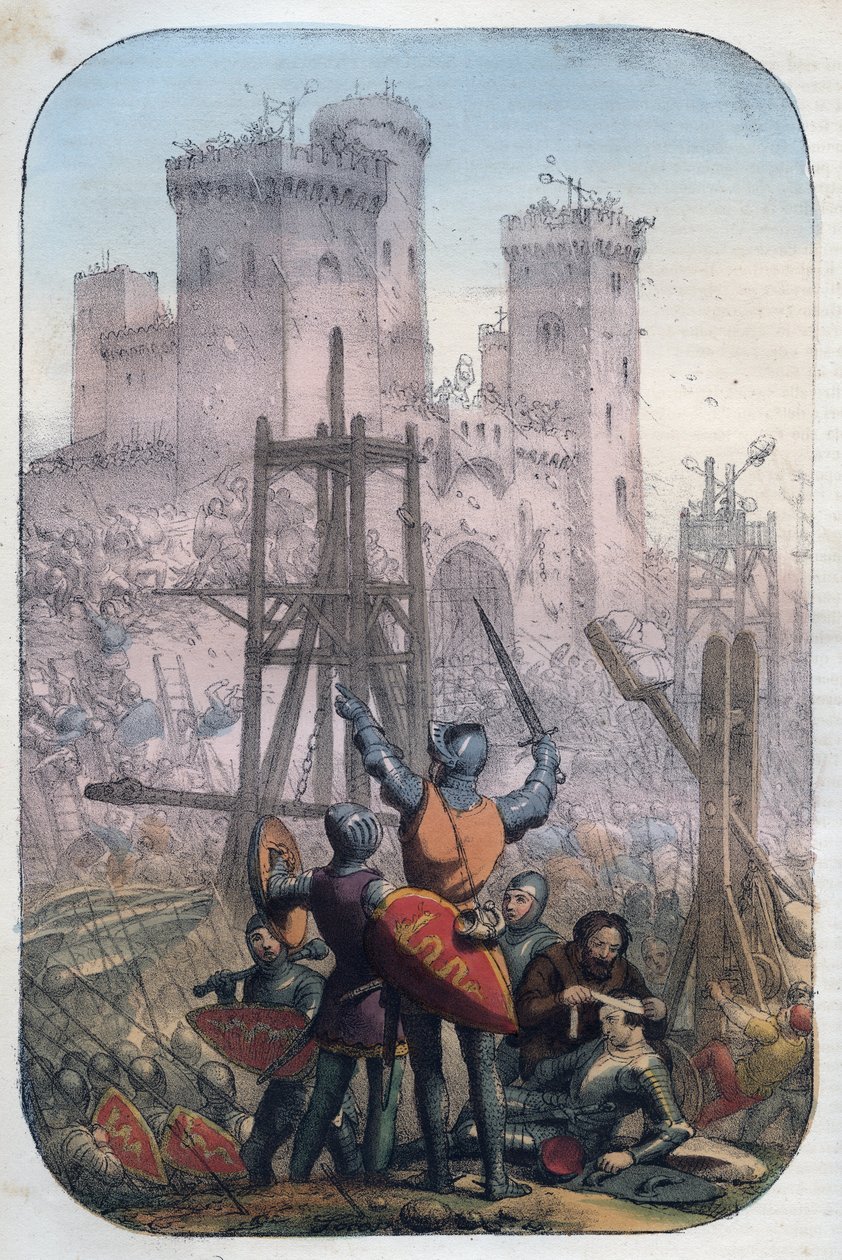 Middelalderliv - Angreb og forsvar af et slot - indgravering fra "" Skikke og skikke for alle folk i universet. Det vil sige historien om regeringen, lovene, militsen, om alle nationers religion fra de fjerneste tider til i dag "185 af Unknown artist