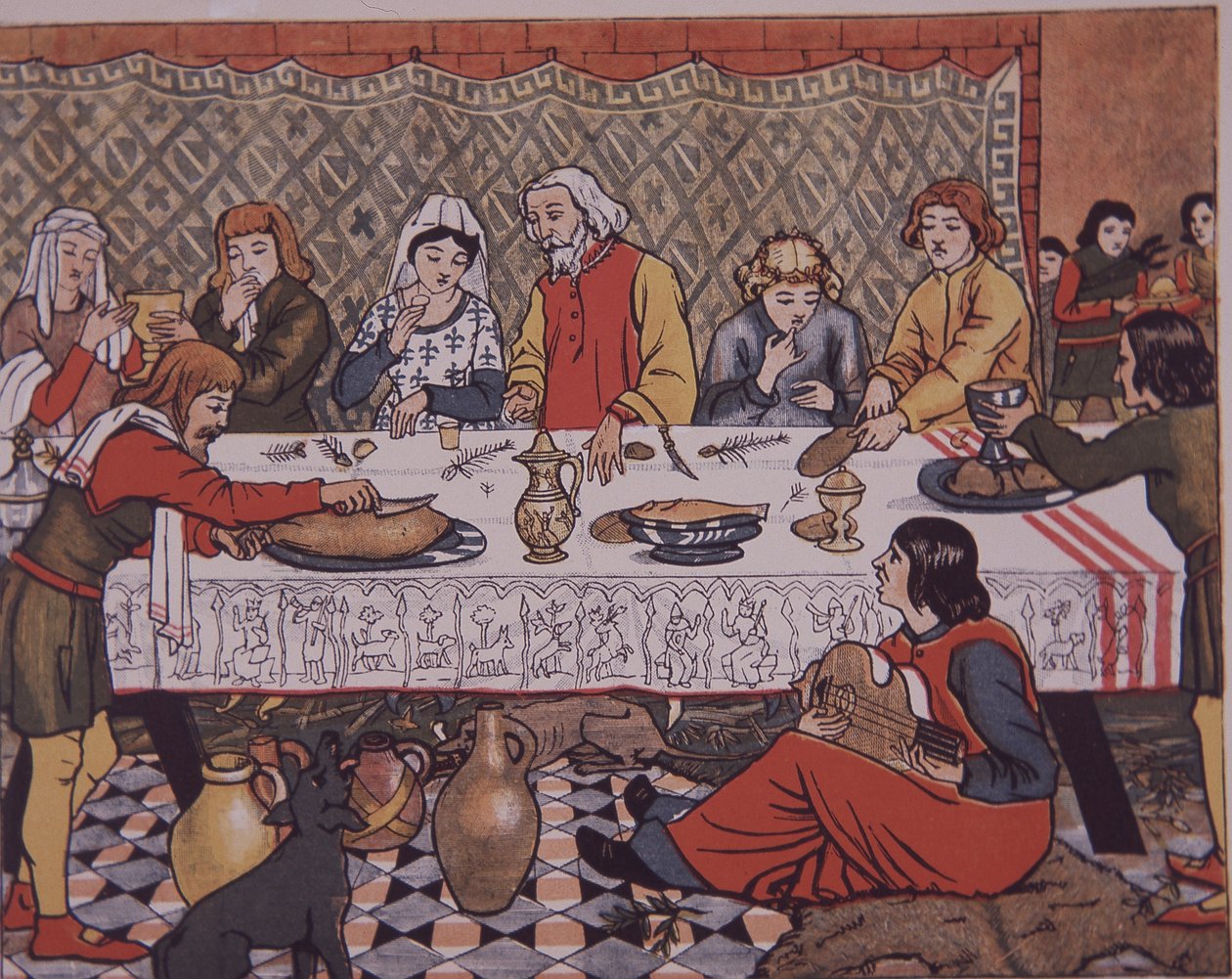 Middelalderlig herregårdsrestaurant (farve litho) af Unknown artist