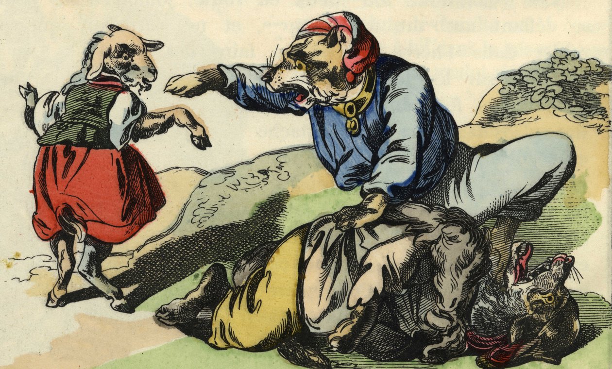 Medor redder Lille Kok fra ulven. Illustration af fortællingen "Bon medor og Lille Chevrette". I “”Fortællinger fra hjemmet for de mindste””. Anonym gravering af det 19. århundrede. af Unknown artist