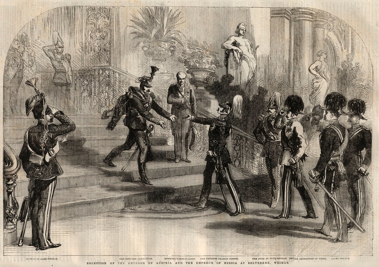 Møde mellem den russiske zar Alexander II (1818-1881) og den østrigske kejser Francois Joseph I (1830-1916) ved Belvedere i Weimar (Tyskland). Fra venstre mod højre ses Alexander II, Francois Joseph I, Charles Alexander, hertug af Sachsen-Weimar-Eisenach af Unknown artist
