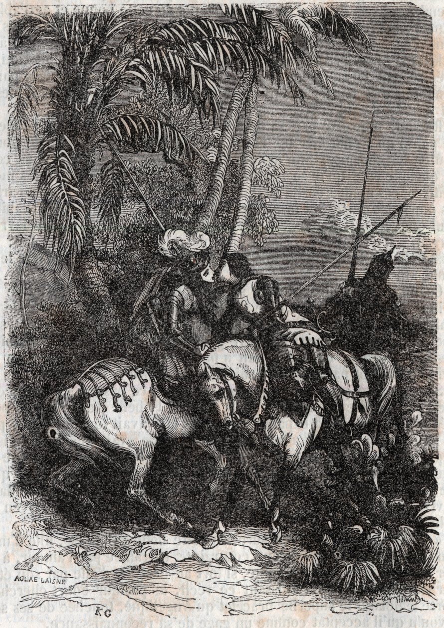 Møde mellem Marphise (Marfisa), Astolphe (Astolfo) og Sansonnet (Sansonetto) - gravering af 1851 fra "" Roland furieux" (1500-tallet) af Ludovico Ariosto, kendt som Ariosta - Udgave oversat fra italiensk af greven af ​​Tressan an af Unknown artist
