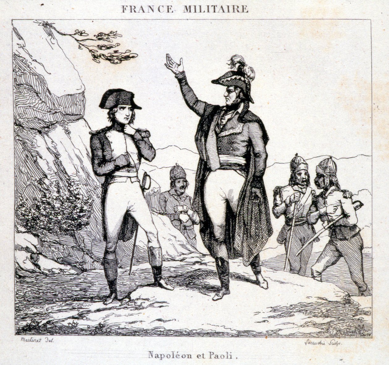 Møde mellem Napoleon Bonaparte og Pasquale eller Pascal Paoli (1725 - 1807), Patriote Corsica. Indgravering af det 19. århundrede. af Unknown artist