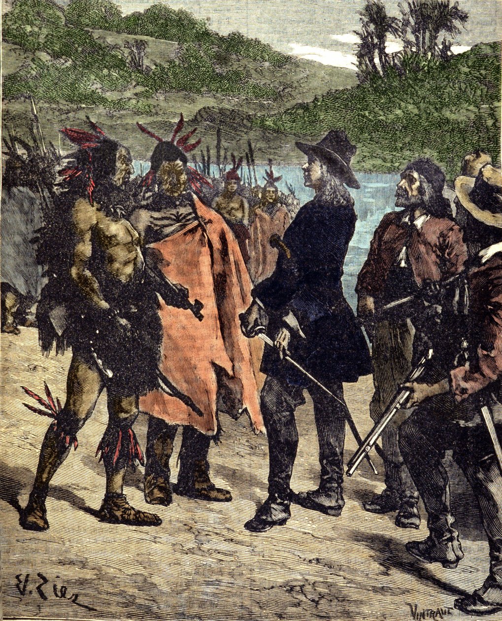 Møde mellem Robert Cavelier de La Salle (1643-1687) med indianerne i Amerika. Indgravering af det 19. århundrede. af Unknown artist