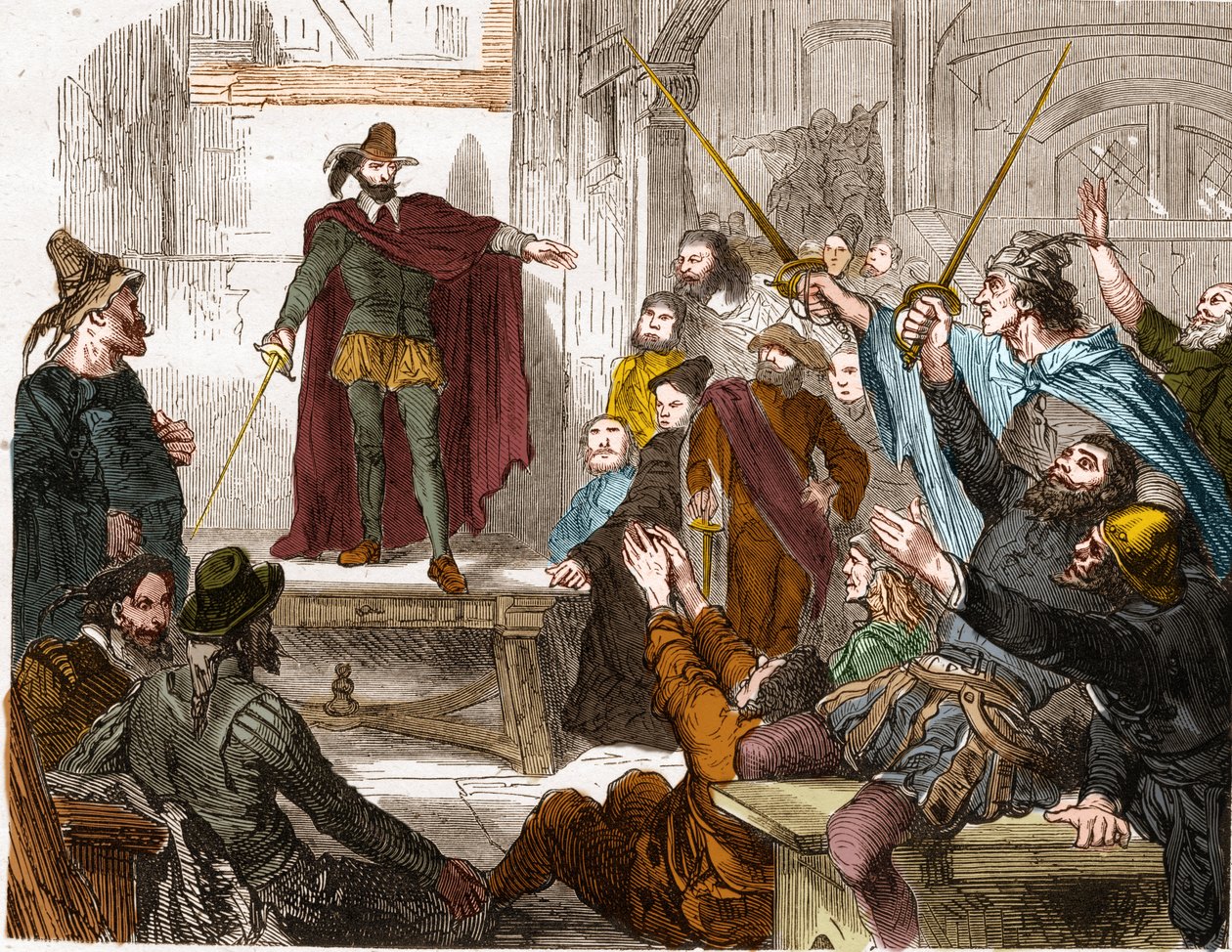 Møde i Komitéen af seksten (16) i 1588 (Repræsentanternes Råd for de seksten kvarterer i Paris) Oprørskomité dannet i Paris under ligaen. af Unknown artist