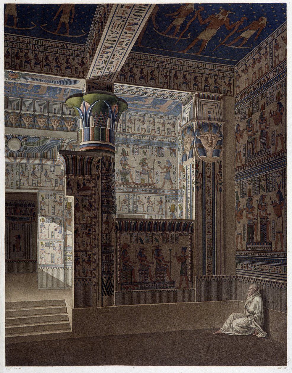 Memnonium Thebes, pl. 37: Farverigt interiør perspektivbillede af templet i vest - i "" Egyptian Antiquites"", sd. 19. århundrede af Unknown artist