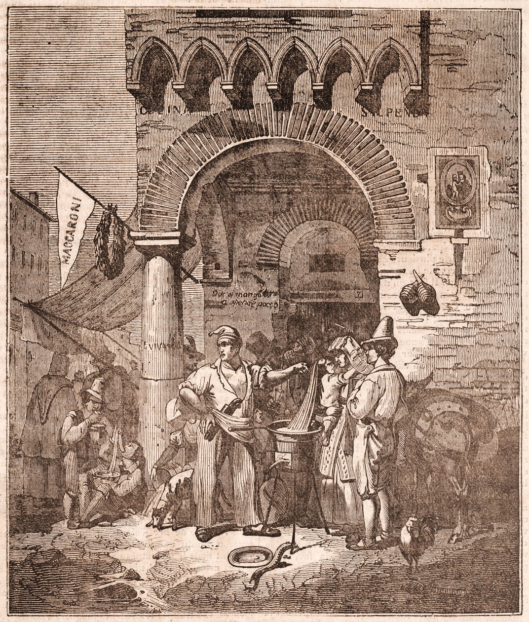 Købmand laver pasta i en gryde, italiensk scene (gravering) af Unknown artist