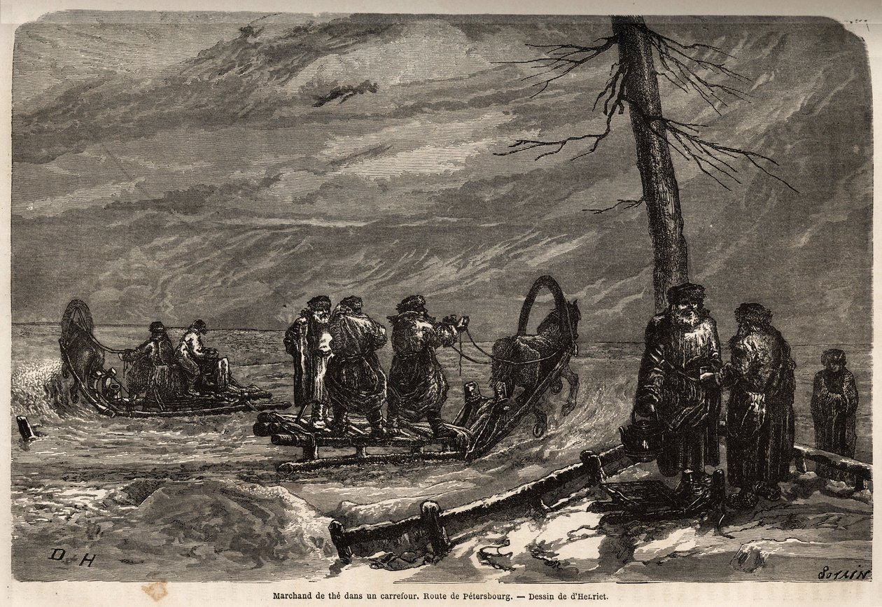 Merchant of the ambulant, har en sne vejkryds til St. Petersborg. Tegning af Henriet, til illustration af hans rejse til de russiske baltiske provinser i 1851-54. Indgravering i "" Le tour du monde"", redigeret af Edouard Charton af Unknown artist