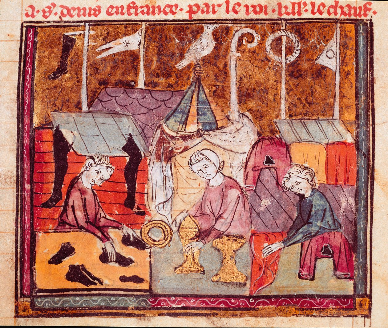 Købmænd (skomager, guldsmed, stofhandler) på Lendit-messen nær Saint Denis Miniature fra "" Grandes Chronicles de France"" 1375-1379 kommunale bibliotek, Castres af Unknown artist