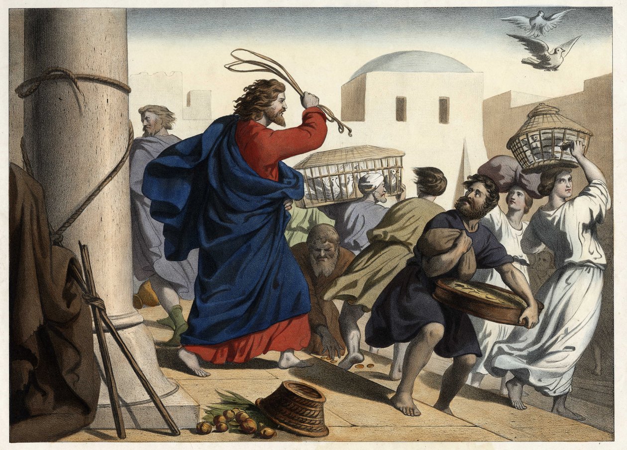 Købmænd jaget ud af templet. Anonym stik fra midten af 1800-tallet. af Unknown artist