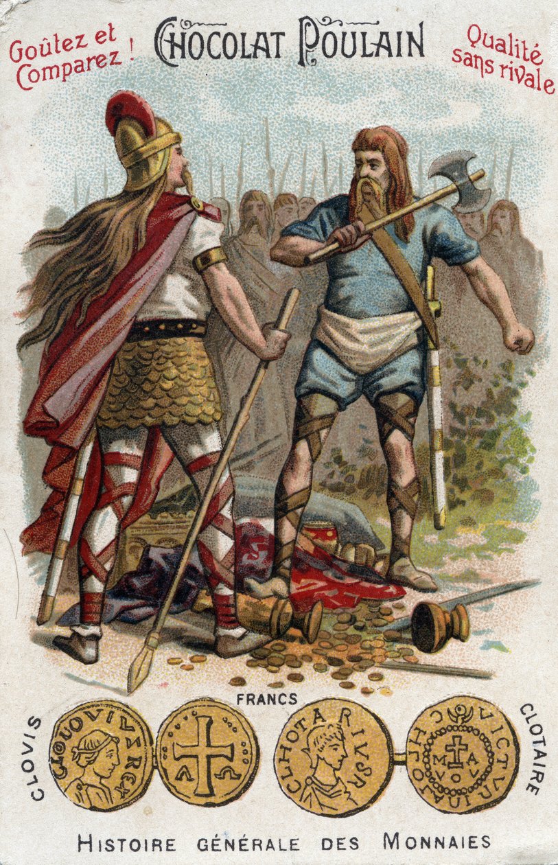 Merovingiens: Clovis 1. nedskyder soldaten, der havde knust Soissons fartøj, i 486. In General History of Coins. Chokolade-føl-kromolitografi fra slutningen af det 19. århundrede. Privat samling. af Unknown artist