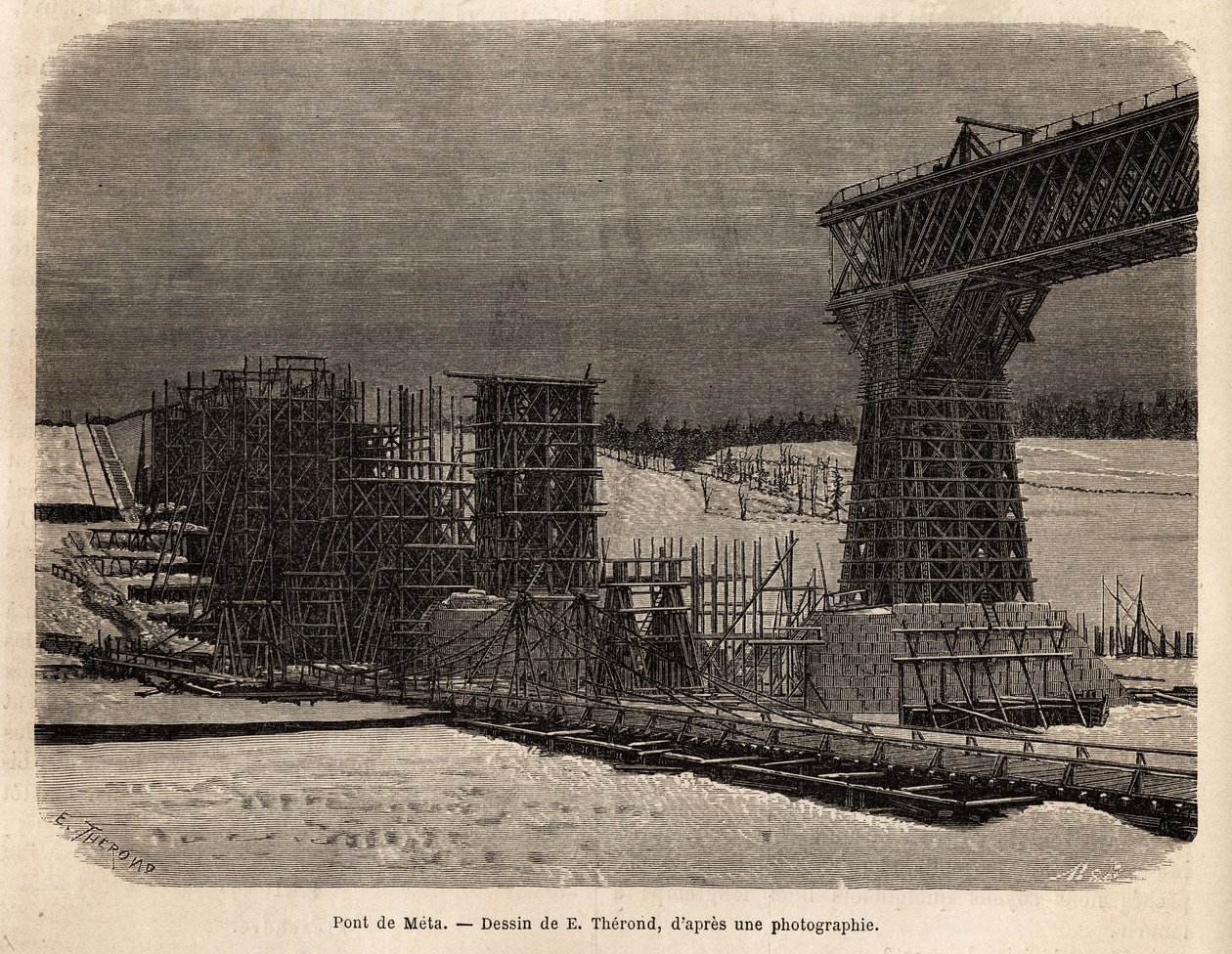 Meta Bridge (Ukraine), under opførelse. Gravering til illustration af La Russie libre, af William Hepworth Dixon, i 1869, udgivet i "" Le tour du monde""" 1872, redigeret af Edouard Charton, Hachette-udgaven, Paris. Selva samling. af Unknown artist