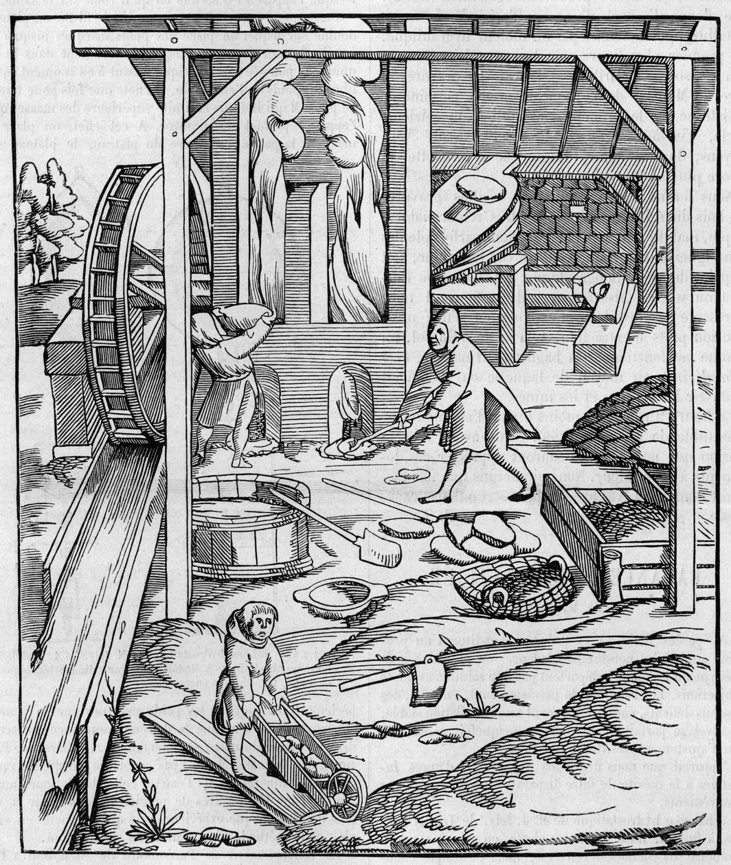 Metalovnsblæser drevet af en hydraulisk motor. Fac simile (Fac-simile) af en gravering udgivet i "" Cosmographie"" (1555) af Sebastien Munster. Indgravering i "" La Nature: revue des sciences et de leurs applications aux arts et a l