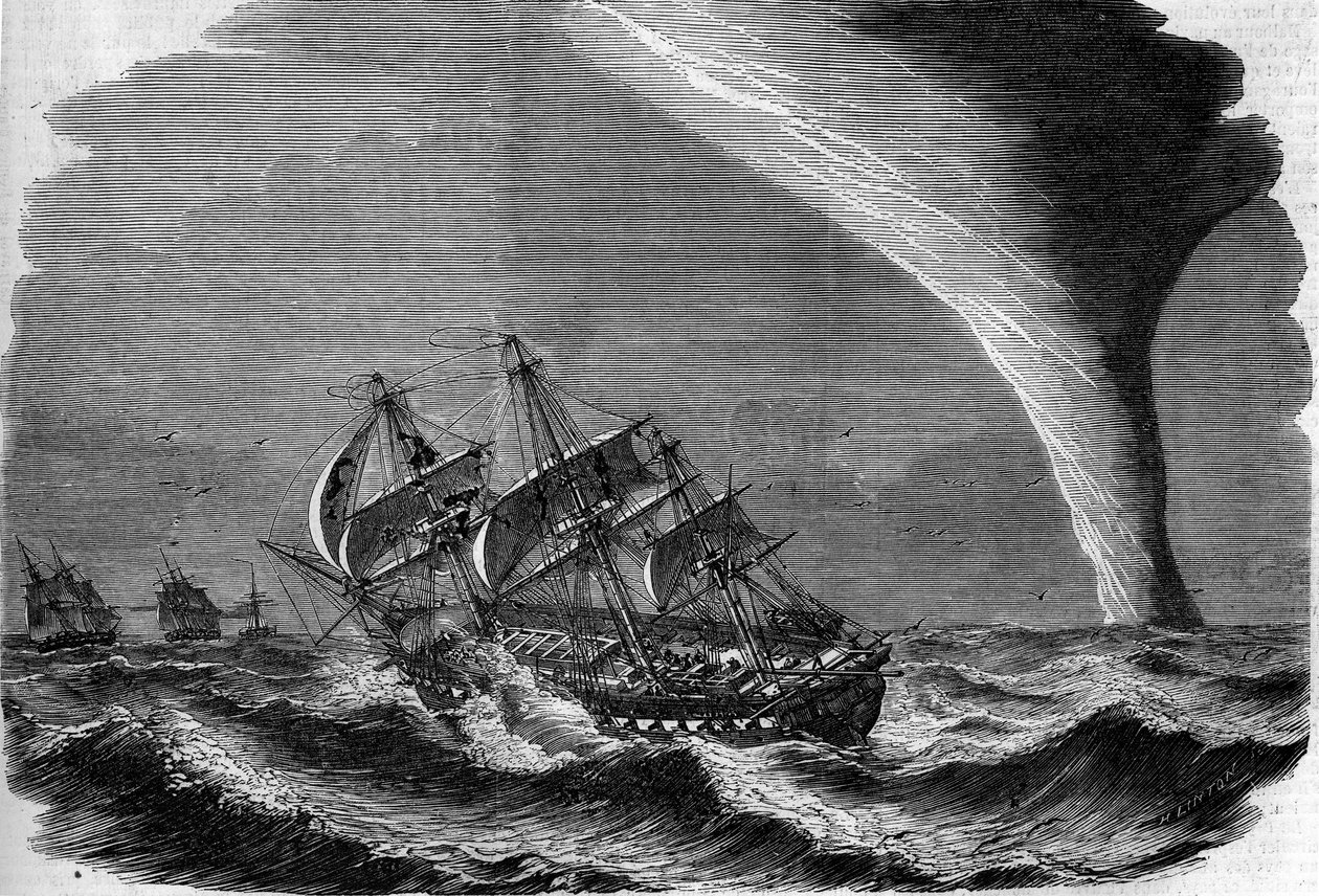 Meteorologisk fænomen: en tud på havet. Indgravering af Linton i ""The Illustrous World"" nr. 49 af 20. marts 1858. af Unknown artist