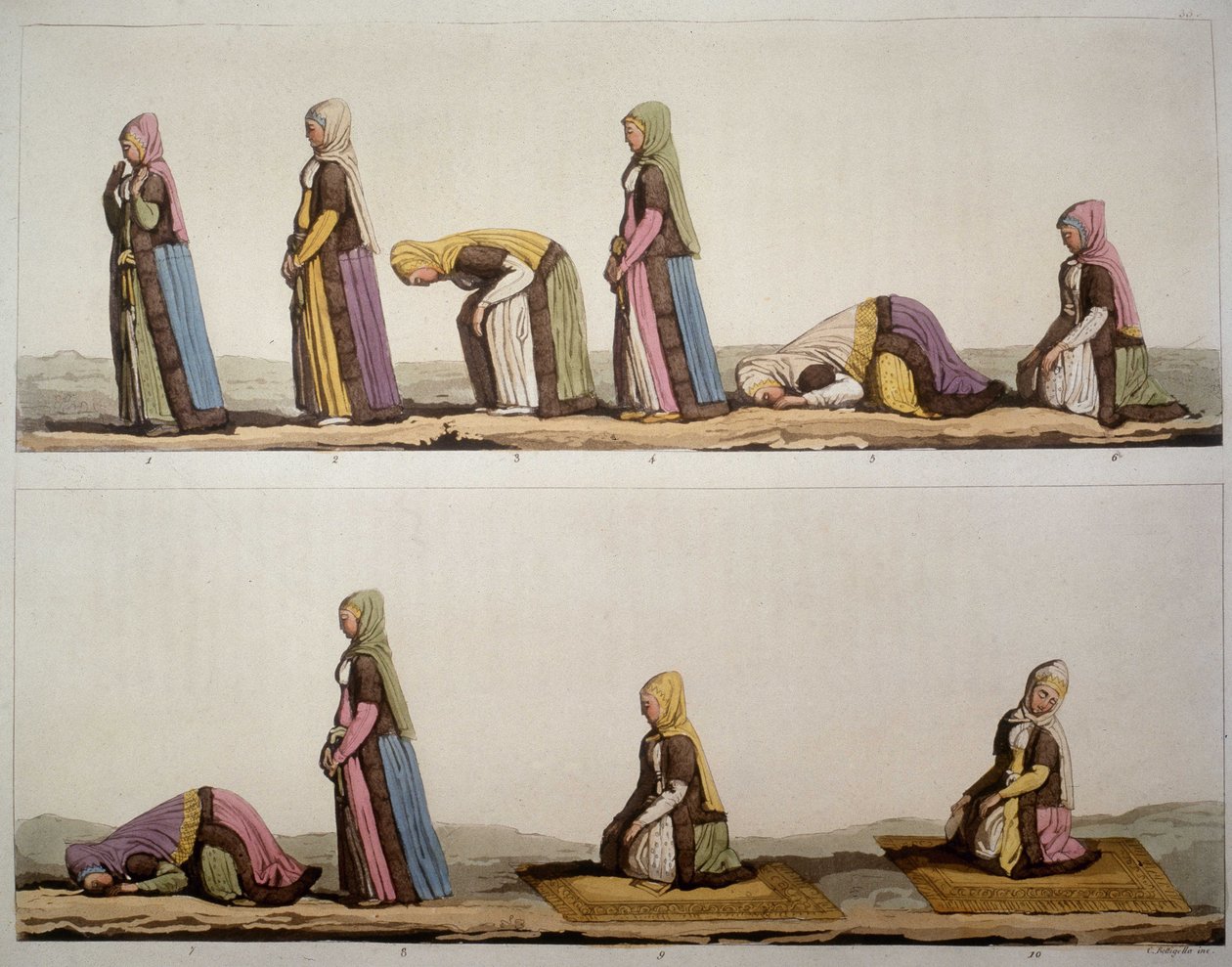 Metode til muslimers bønstillinger. I "" Den gamle og moderne kostume"" 1819-1820, af Ferrario. af Unknown artist