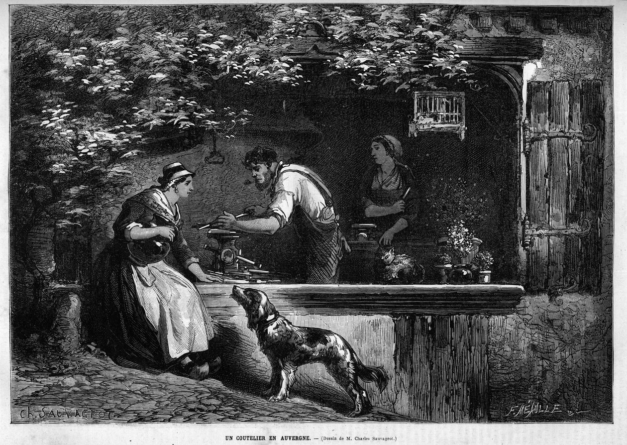 Metier og håndværker: en knivmager i Auvergne. Indgravering i "" Le Monde illustrious"" 1883. Privat samling. af Unknown artist