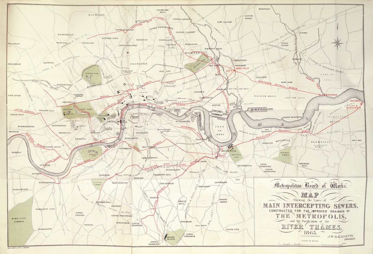 Metropolitan Board of Works-kort over Bazalgettes plan for linjerne i hovedafskærende kloakker, bygget til den forbedrede dræning af metropolen af Unknown artist